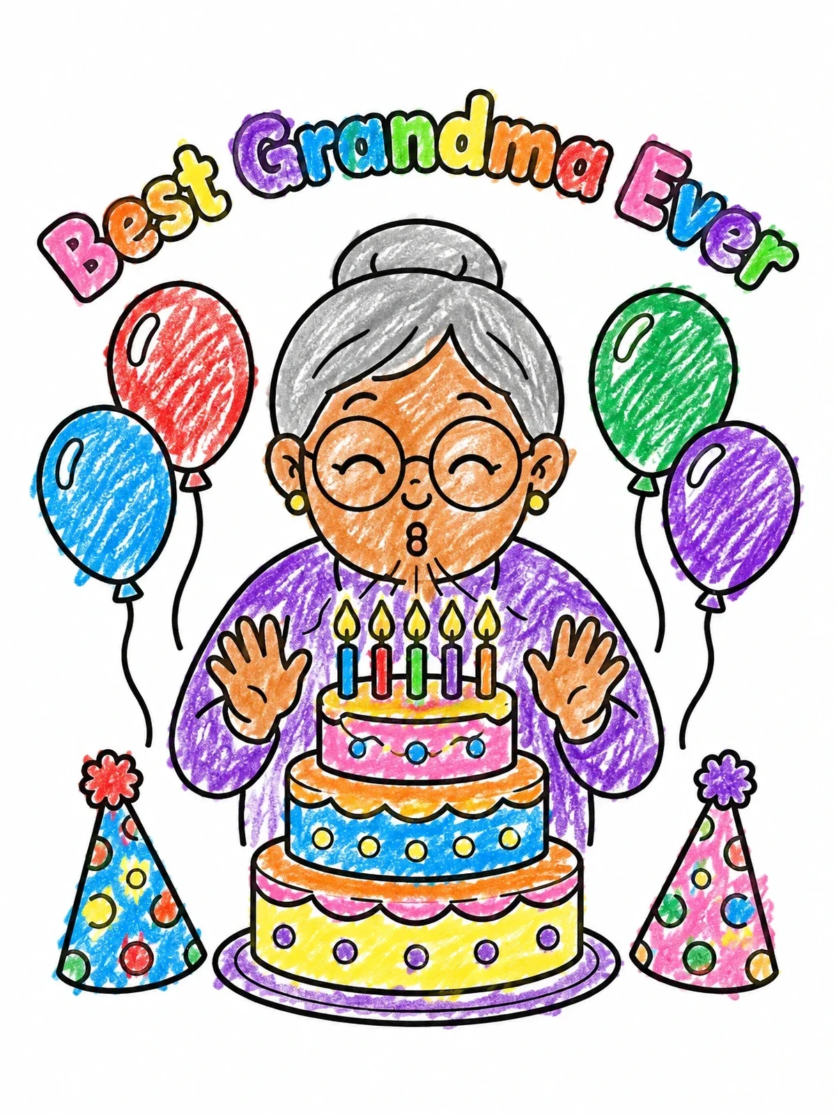Colored example of the Best Grandma Birthday Cake Celebration coloring page