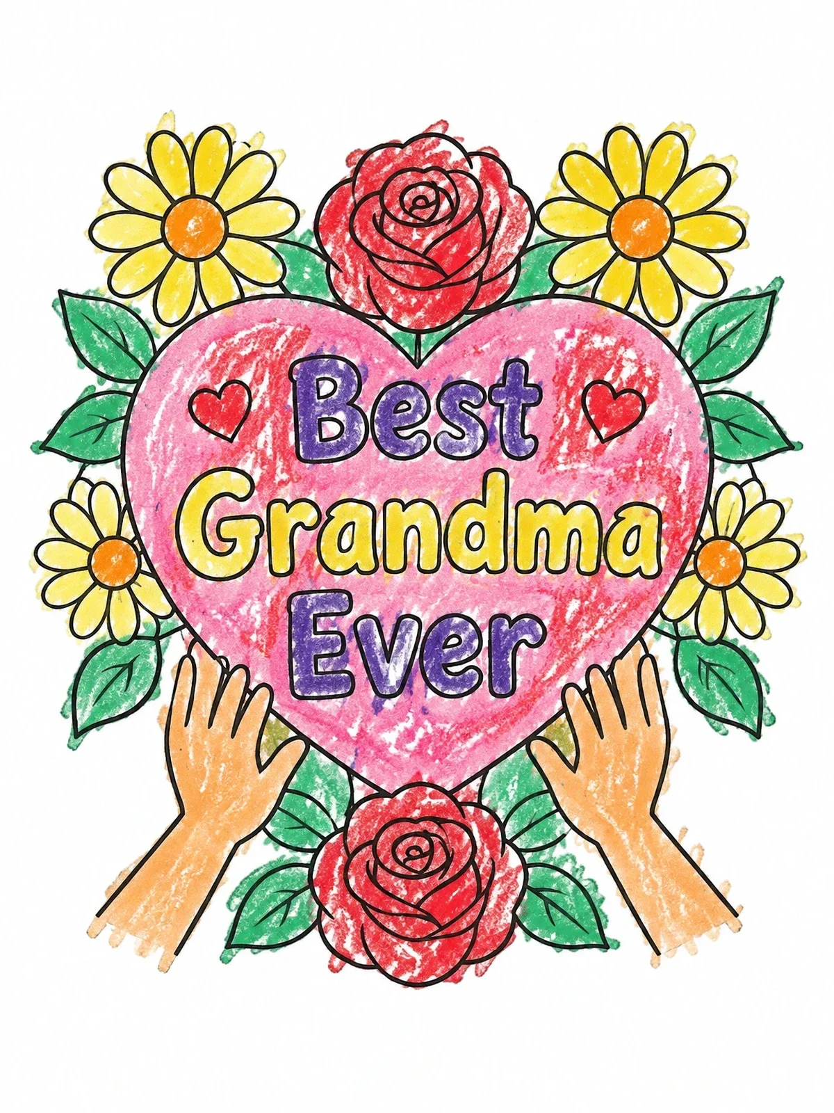Colored example of the Best Grandma Ever Heart With Flowers coloring page