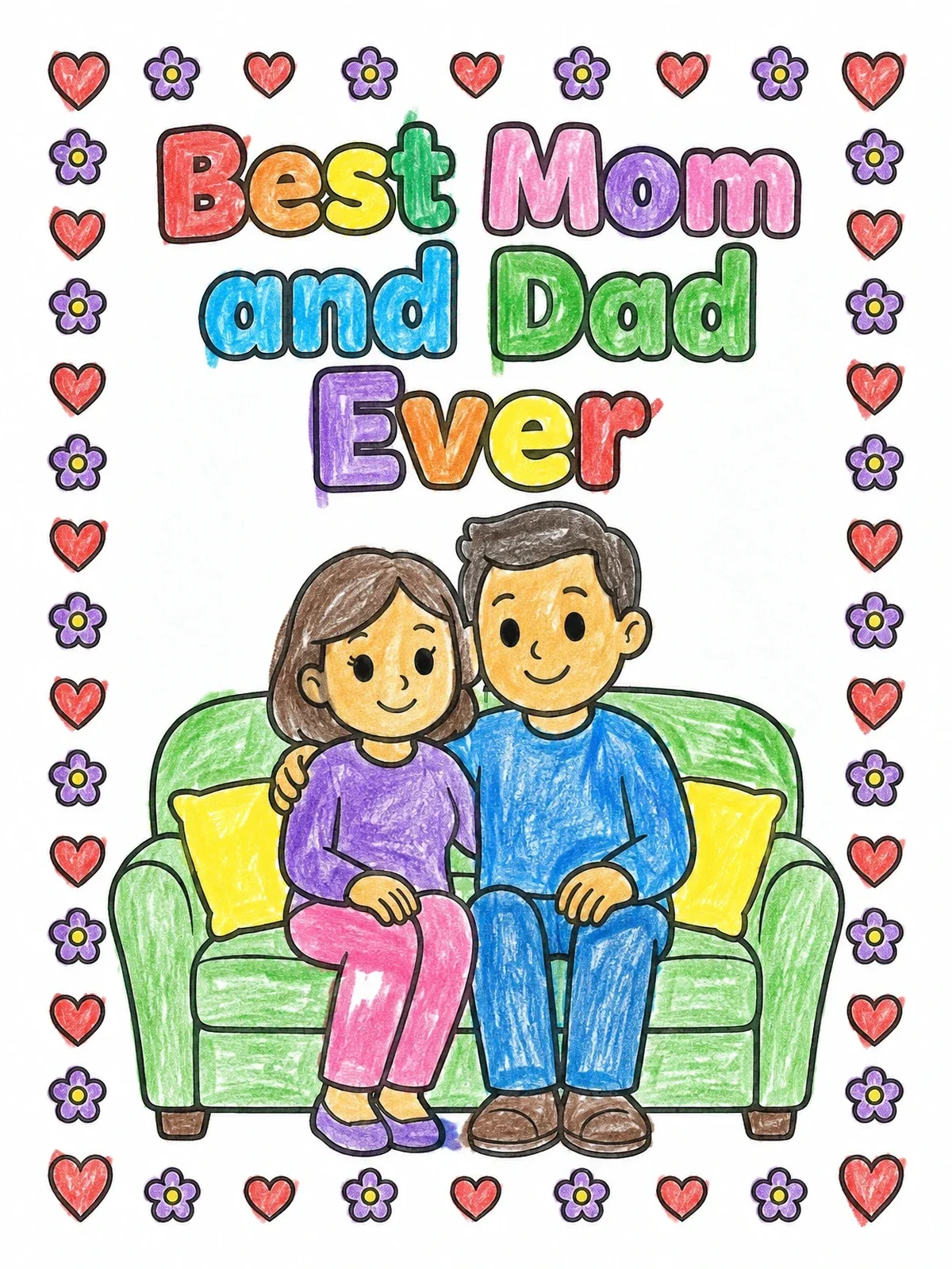 Colored example of the Best Mom And Dad On The Couch coloring page