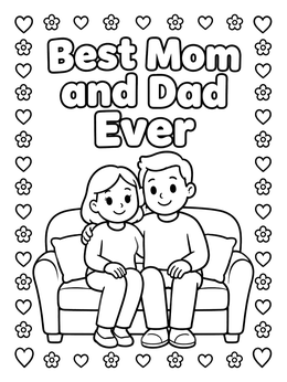 A sweet mom and dad coloring page with parents smiling on a cozy couch.