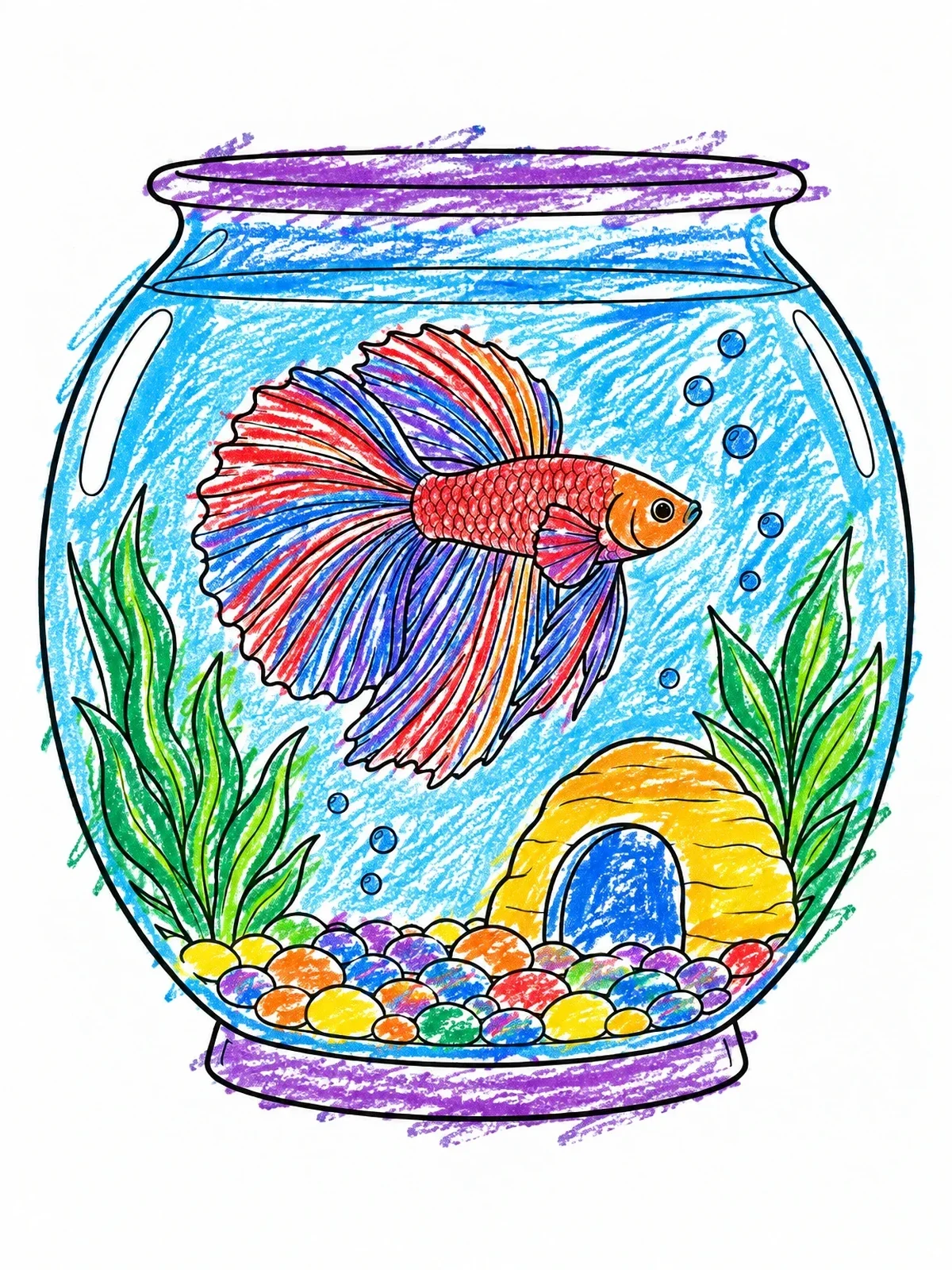Colored example of the Betta Fish In A Glass Bowl coloring page