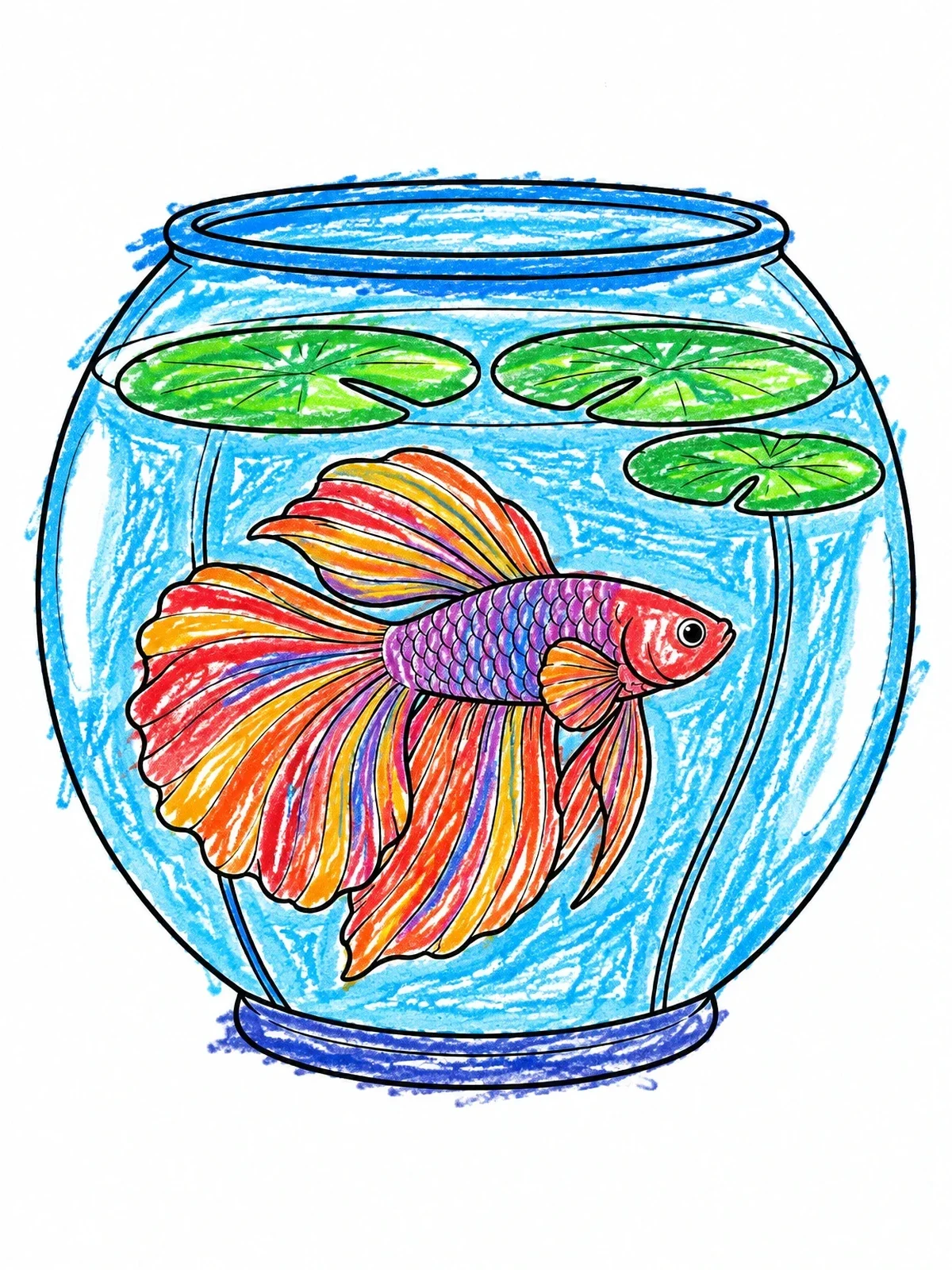 Colored example of the Betta Fish In Round Bowl coloring page