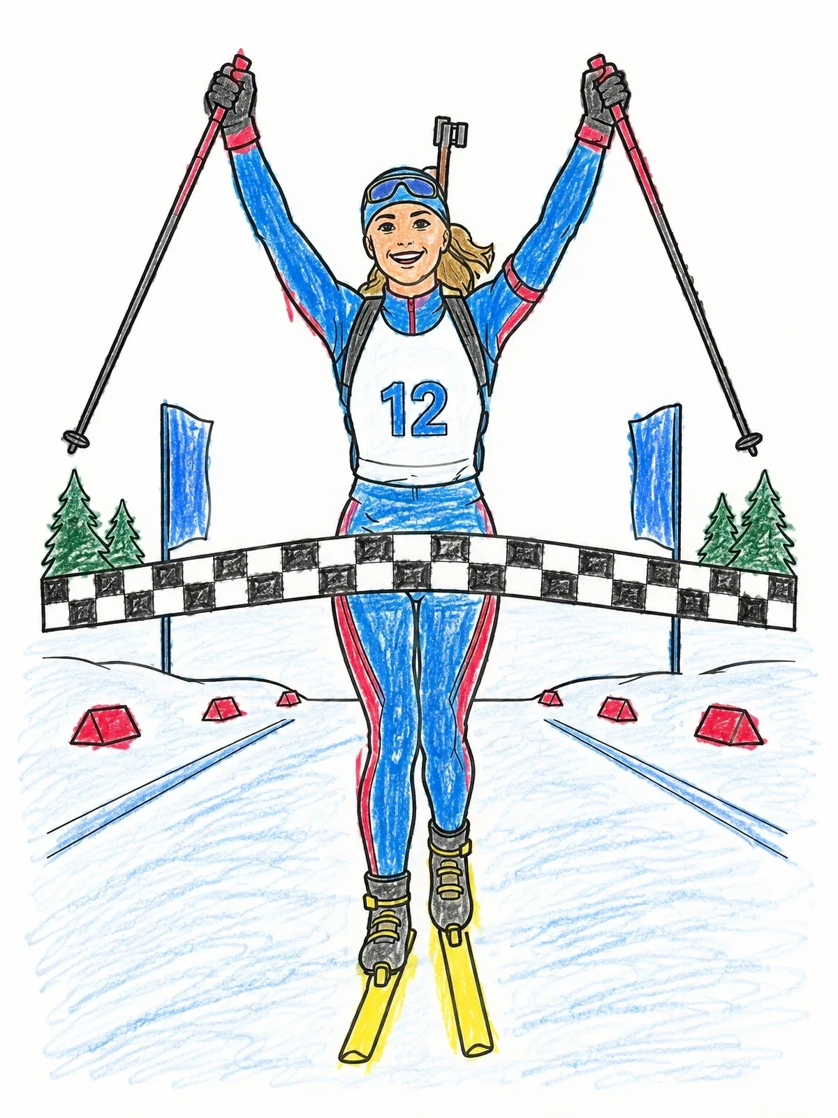 Colored example of the Biathlete Celebrating Finish Line Victory coloring page