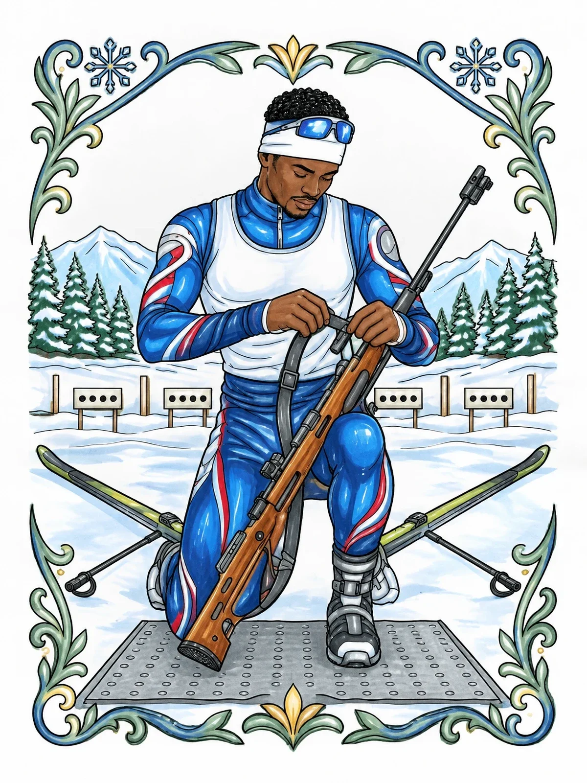 Colored example of the Biathlete Kneeling At The Range coloring page