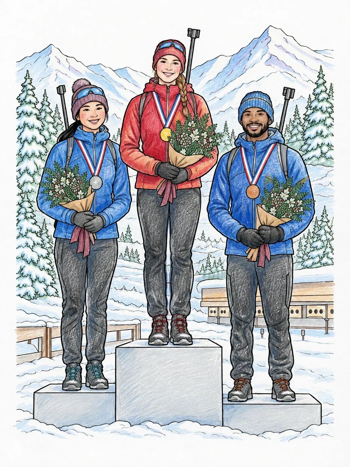 Colored example of the Biathletes Celebrating On The Podium coloring page