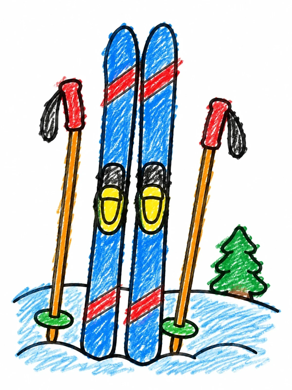 Colored example of the Cross Country Skis And Poles In Snow coloring page