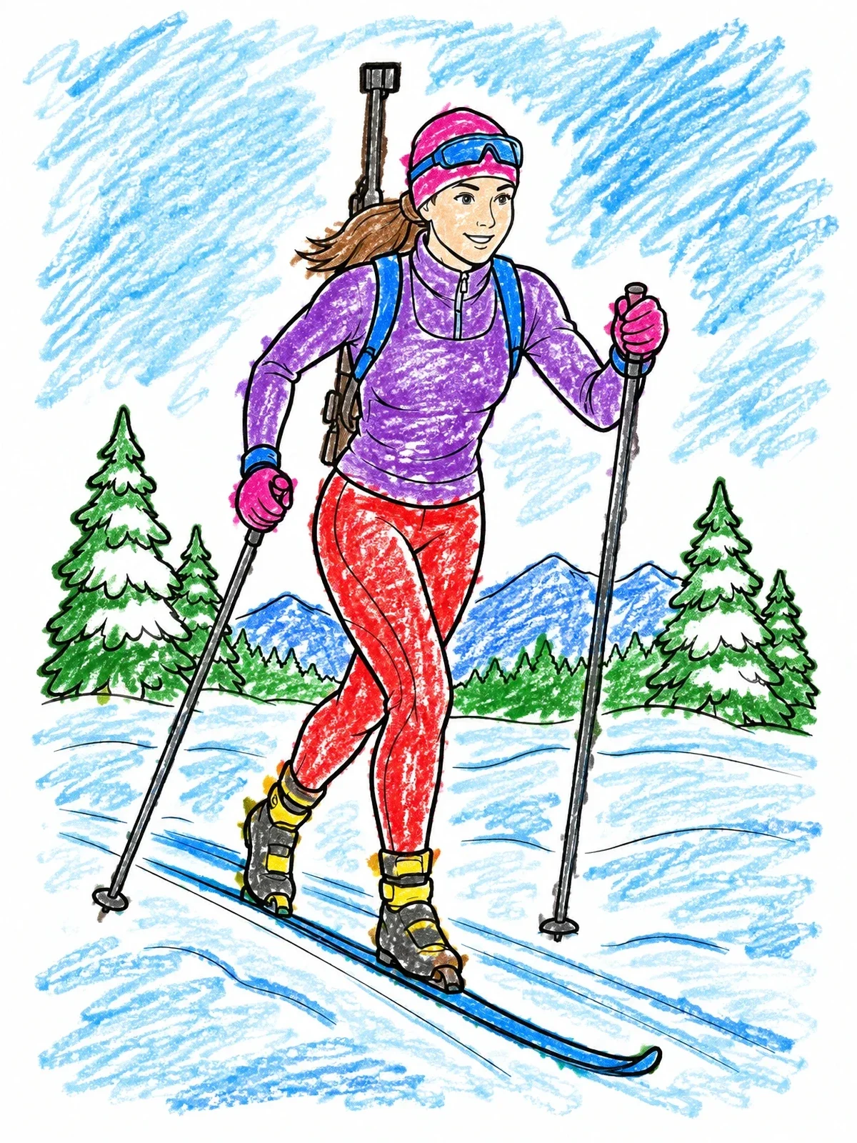 Colored example of the Female Biathlete Cross Country Skiing coloring page