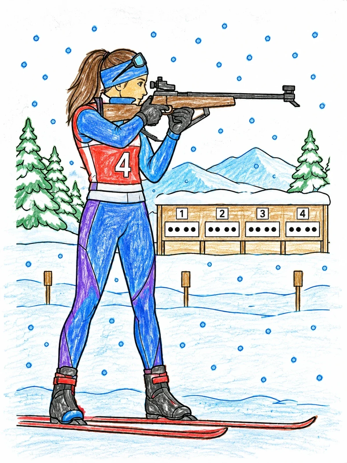 Colored example of the Biathlete Aiming At Target Range coloring page