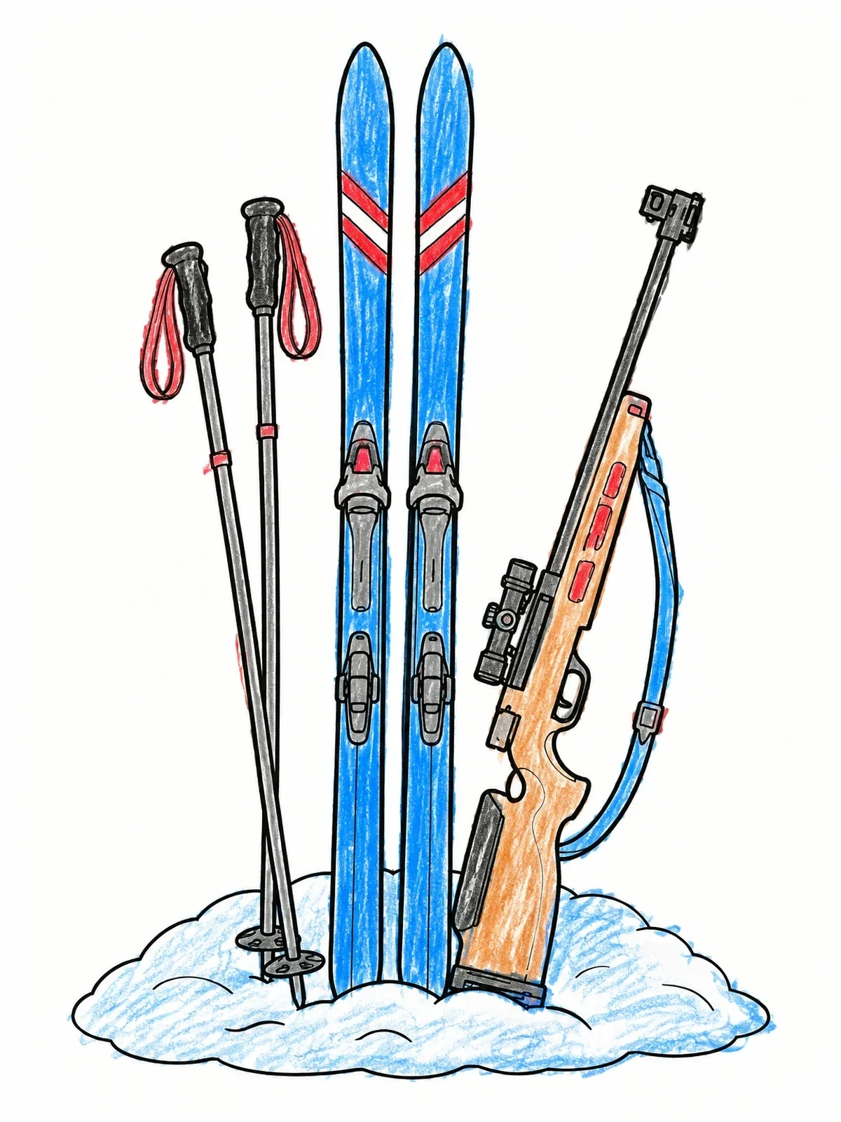 Colored example of the Biathlon Skis And Rifle In Snow coloring page