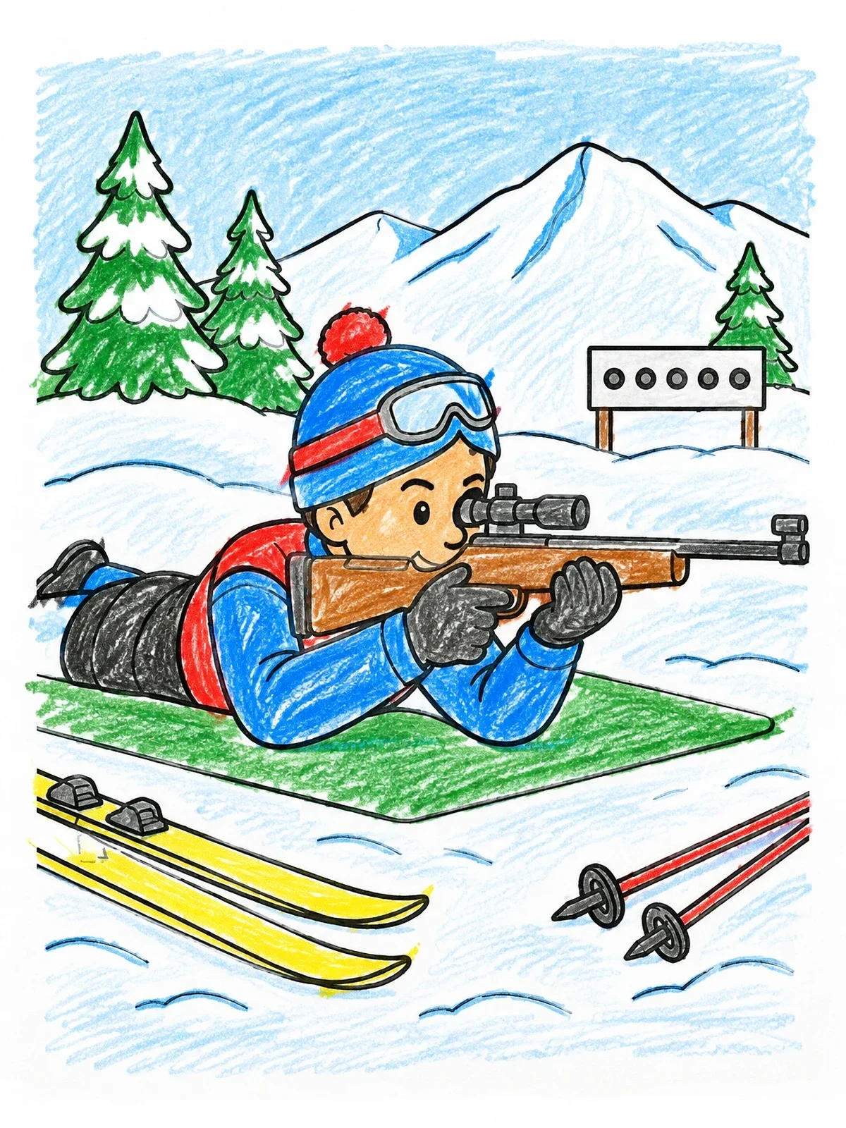 Colored example of the Young Biathlete Aiming At Target coloring page