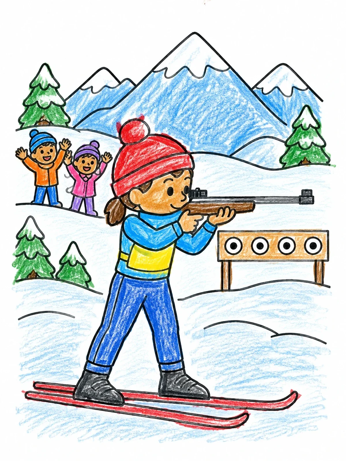 Colored example of the Young Biathlete Aiming At Target coloring page