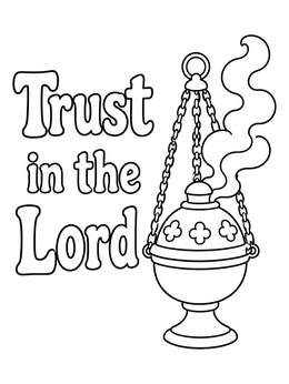 An altar censer and smoke beside text on a bible coloring page.