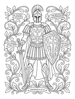 A detailed bible coloring page showing a warrior wearing the Armor of God framed by vines.