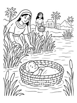 A serene bible coloring page showing baby Moses floating in a wicker basket along the river.