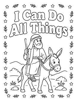 A man riding a cute donkey on a bible coloring page with inspirational text.