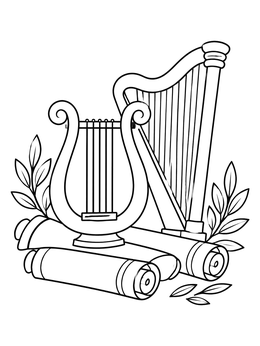 A peaceful harp, lyre, and ancient scrolls in a charming bible coloring page.