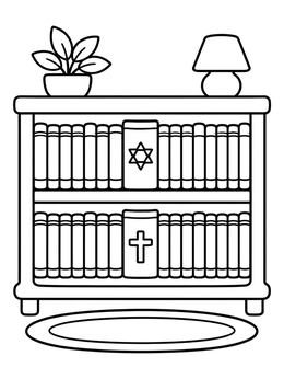 A simple bible coloring page with a two-shelf bookcase holding holy books, a plant, and a lamp.