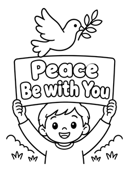 A cheerful boy holding a sign under a dove in this bible coloring page.