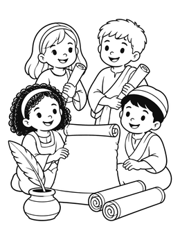 Kids studying rolled scriptures with a quill and inkpot in this bible coloring page.