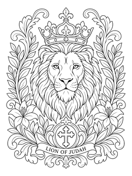Majestic bible coloring page of the crowned Lion of Judah surrounded by floral flourishes.