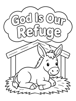 A cute little donkey rests in a shelter in this bible coloring page.