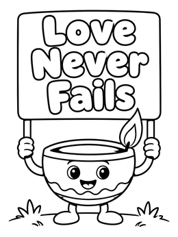 A smiling oil lamp holding a sign on this bible coloring page.