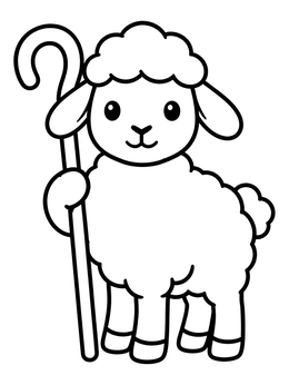 A cute cartoon lamb holding a shepherd staff in this bible coloring page.