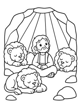 Daniel sitting peacefully among sleeping lions in this cute bible coloring page.