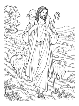 A serene bible coloring page showing Jesus carrying a lamb on his shoulders through rolling pastures.