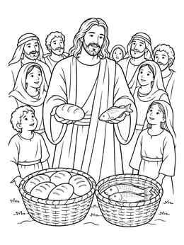 Jesus holds bread and fish before a crowd in this bible coloring page.