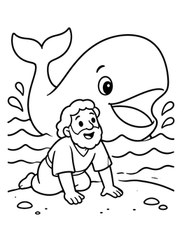 A friendly whale watches Jonah crawl onto the beach in this bible coloring page.