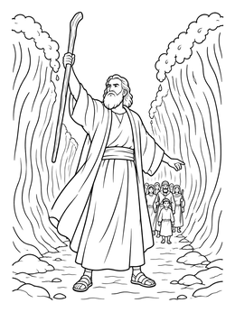 Moses holds his staff high in this bible coloring page as the Red Sea parts for his people.