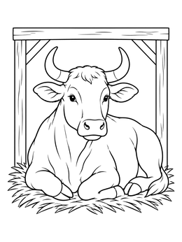 A gentle ox resting on straw in a stable on this bible coloring page.