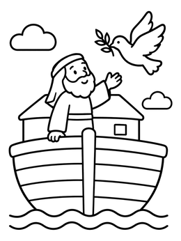 Noah watches a flying dove with an olive branch on this bible coloring page.