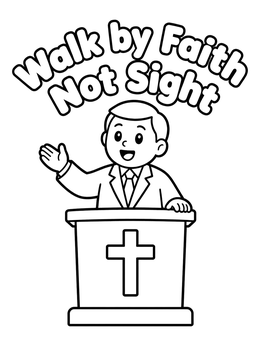 Friendly pastor speaking at church pulpit in this bible coloring page with text.