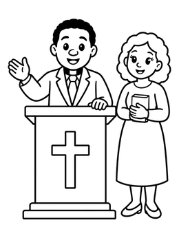 Friendly pastor speaking from the church pulpit in this bible coloring page.