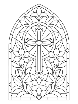 An ornate bible coloring page featuring a stained glass window with a cross and flowers.
