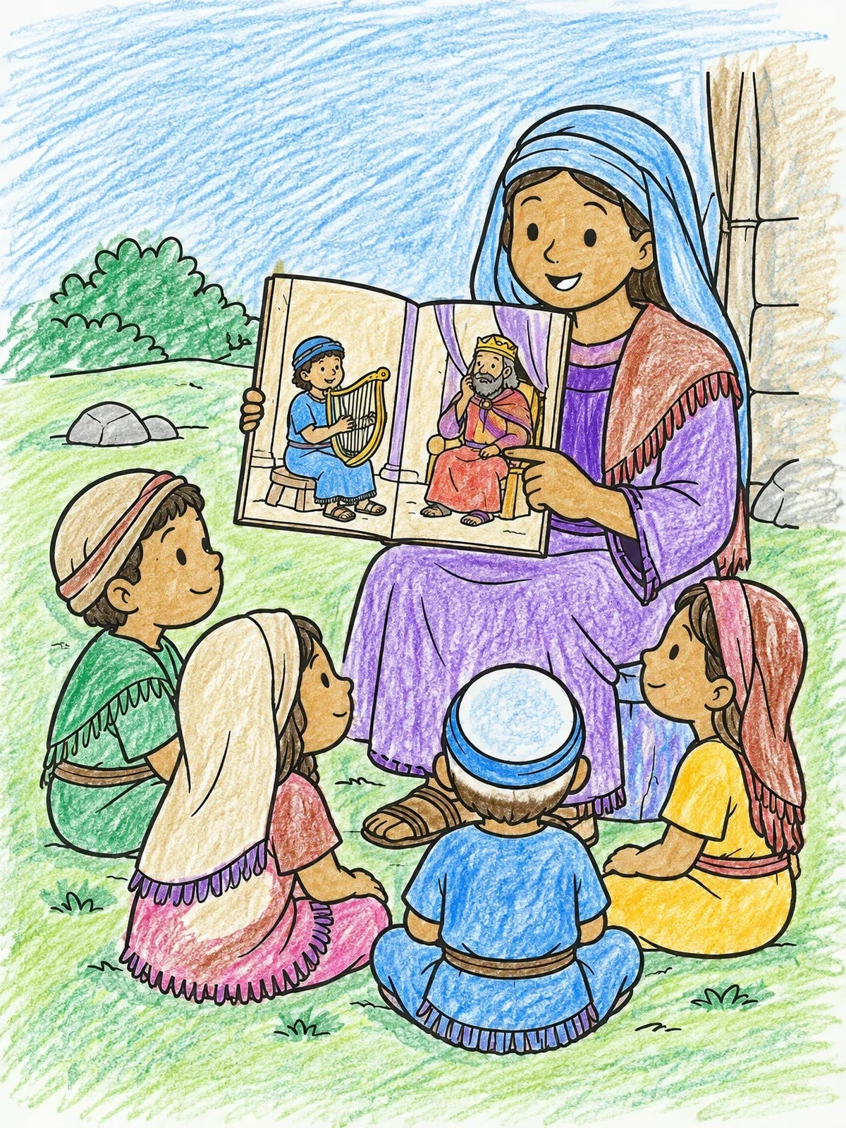 Colored example of the Bible Story Time With Children coloring page