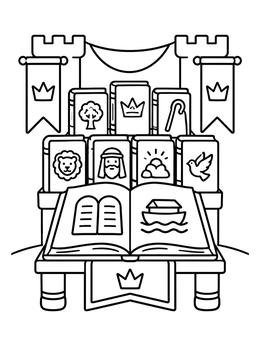 A sweet bible coloring page featuring open scripture and illustrated storybooks beneath castle banners.