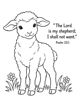 A sweet little lamb beside Psalm 23 text on this bible coloring page.
