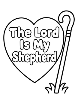 Heart with Psalm text and shepherd crook in this bible coloring page.