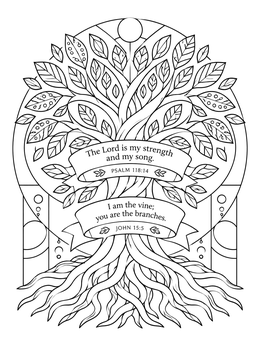 An ornate bible coloring page featuring a stylized tree with deep roots, detailed leaves, and biblical scripture banners.