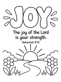 A peaceful landscape with a sunrise and bible quote featured on this joy coloring page.