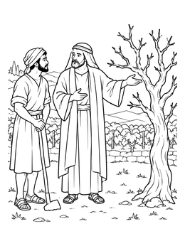 A vineyard owner talking to a worker beside a barren tree in this fig tree coloring page.