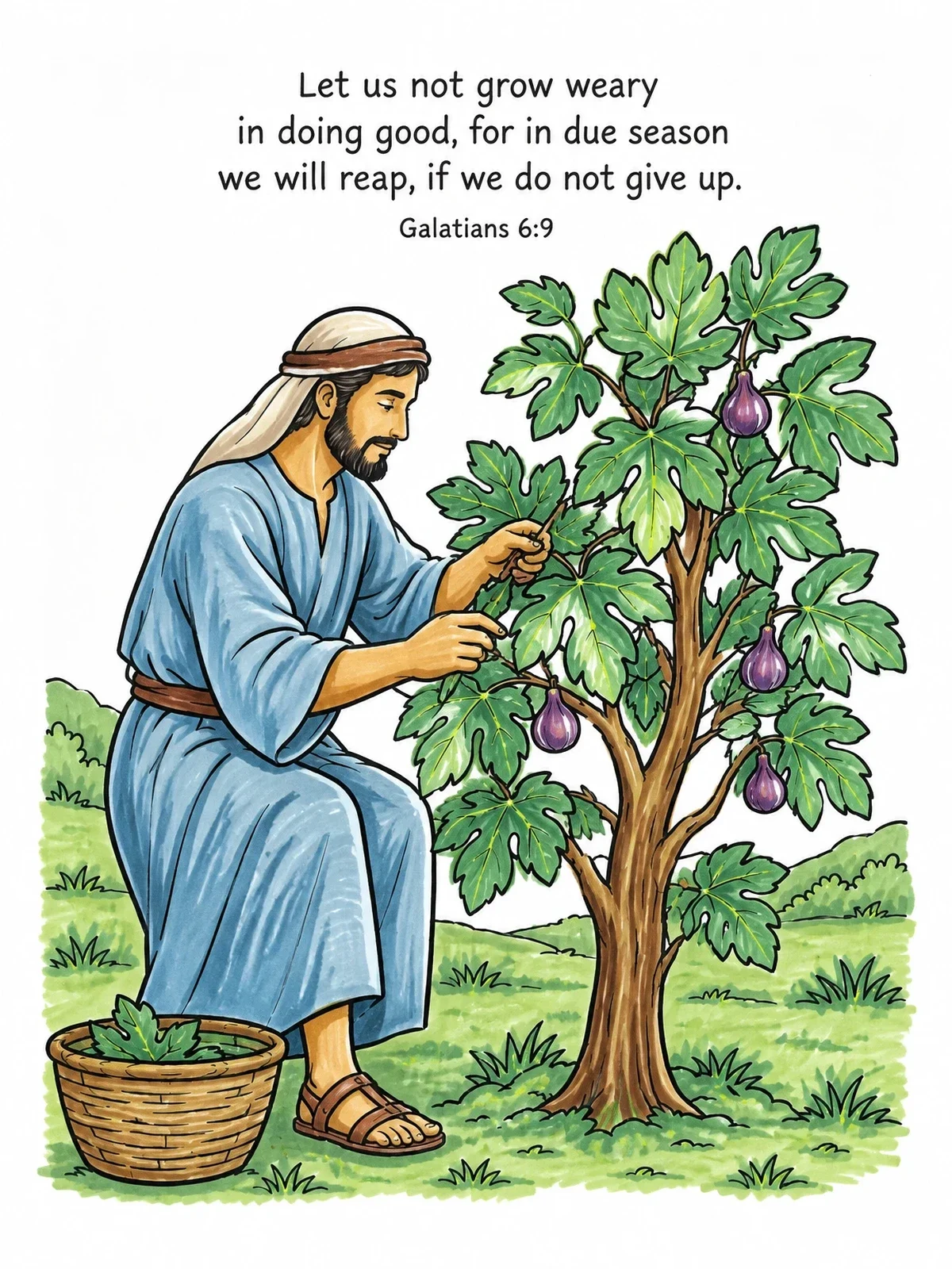 Colored example of the Biblical Gardener Tending A Fig Tree coloring page