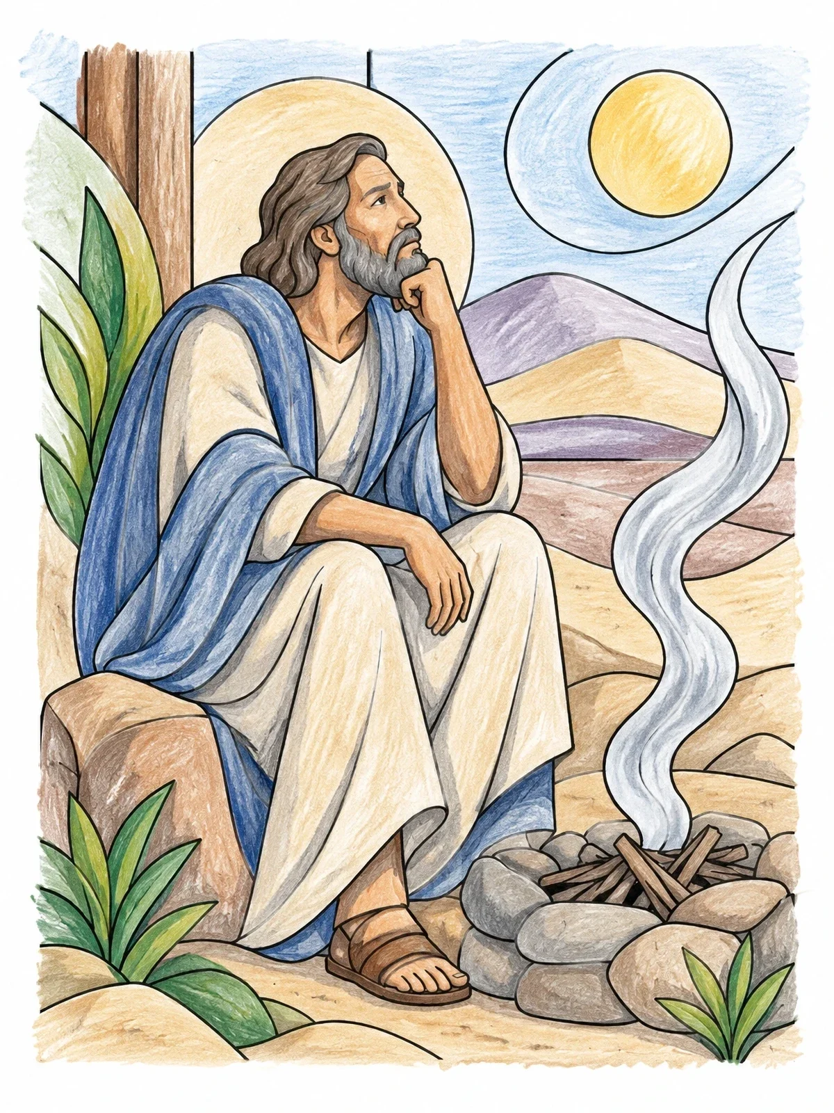 Colored example of the Biblical Job Resting In Contemplation coloring page