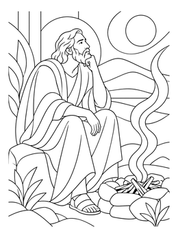 A reflective scene featured in this job bible coloring page shows a bearded man resting beside a campfire.