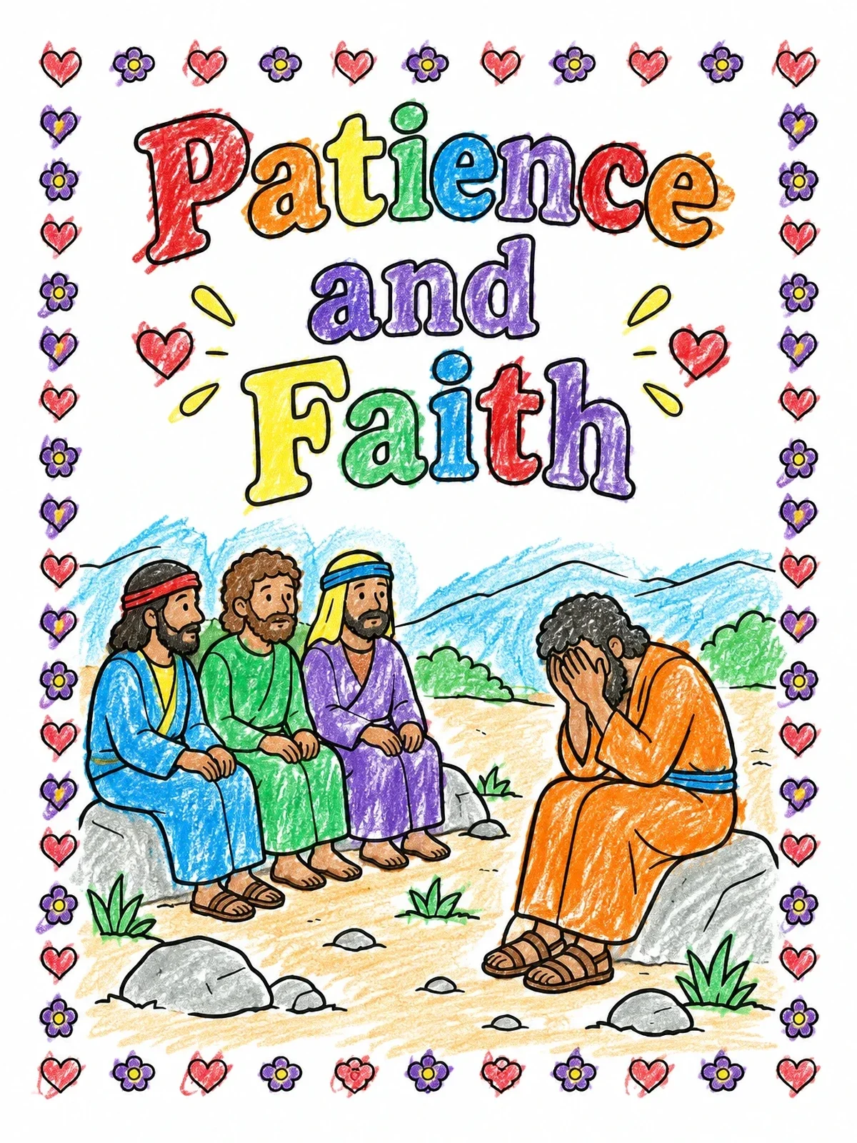 Colored example of the Job And His Three Friends coloring page