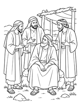 Job bible coloring page showing Job seated on a stone while three friends speak to him.