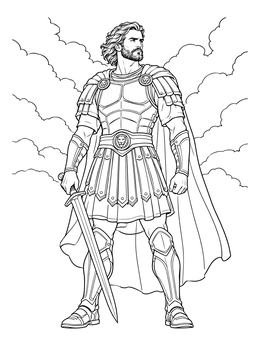 Strong biblical warrior holding a sword in this armor of god coloring page.
